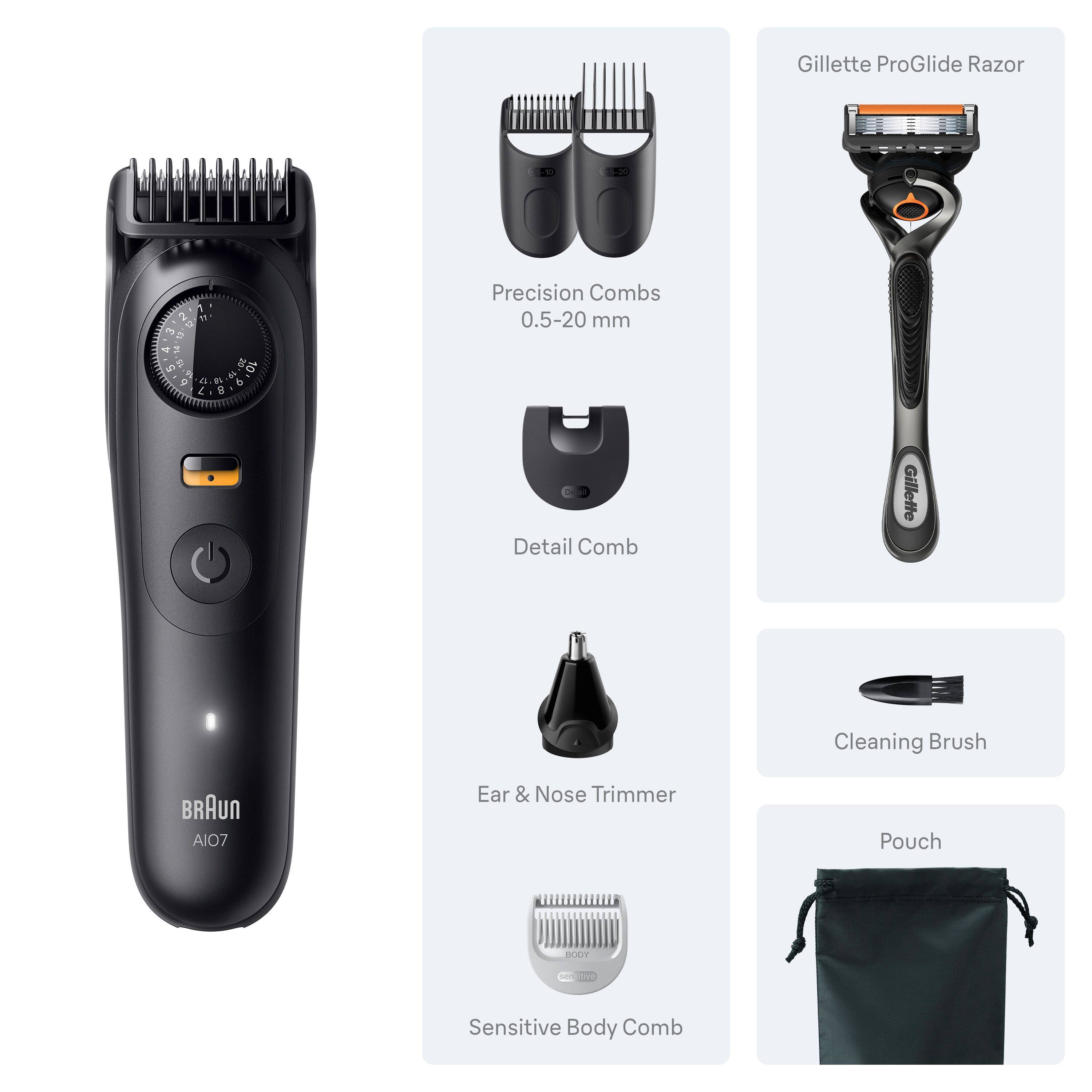 Gillette ProGlide Razor  
1 Precision Combs 0.5-20 mm  
Detail Comb  
Ear & Nose Trimmer  
Cleaning Brush  
Sensitive Body Comb  
BRAUN AIO7  
Pouch