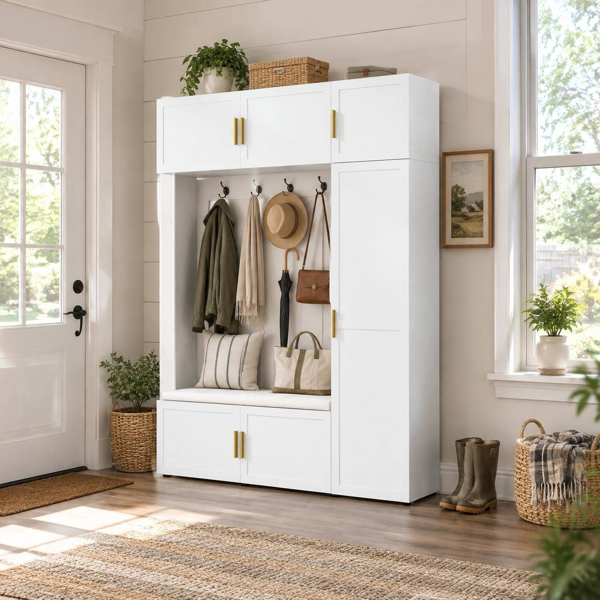 Left. RYHNUYNE - U-Can 4-in-1 Hall Tree, Padded Bench, 4 Hooks, Multi-Tier Shelves, MDF, 79.72 in H - Ancient White.