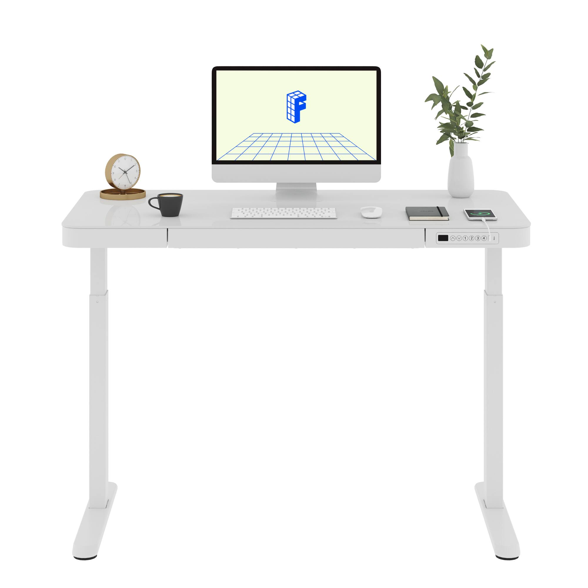 Angle. FlexiSpot - EG9 Series-Glass Top Electric Height Adjustable Standing Desk For Home Office - White.