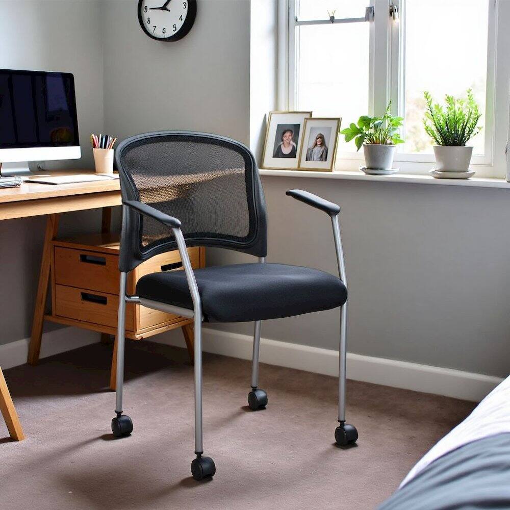 Back. FurniFact - Black Reception Chair With Wheels – High-Back Guest Chair for Offices - Coal.