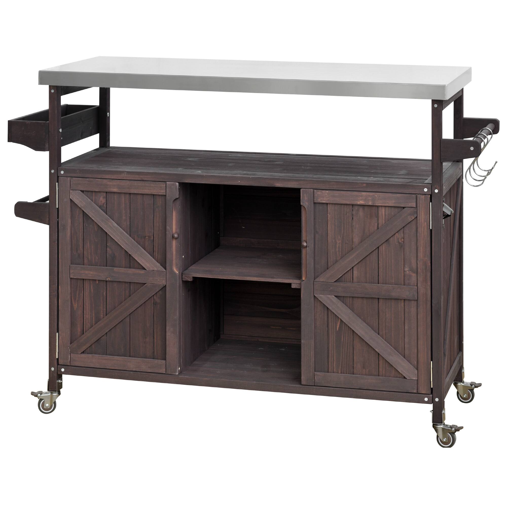 Angle. PexFix - Solid Wood Outdoor Kitchen Island with Stainless Top, Rolling BBQ Grill Cart with Storage, Spice & Towel Rack for Patio - Dark Brown.