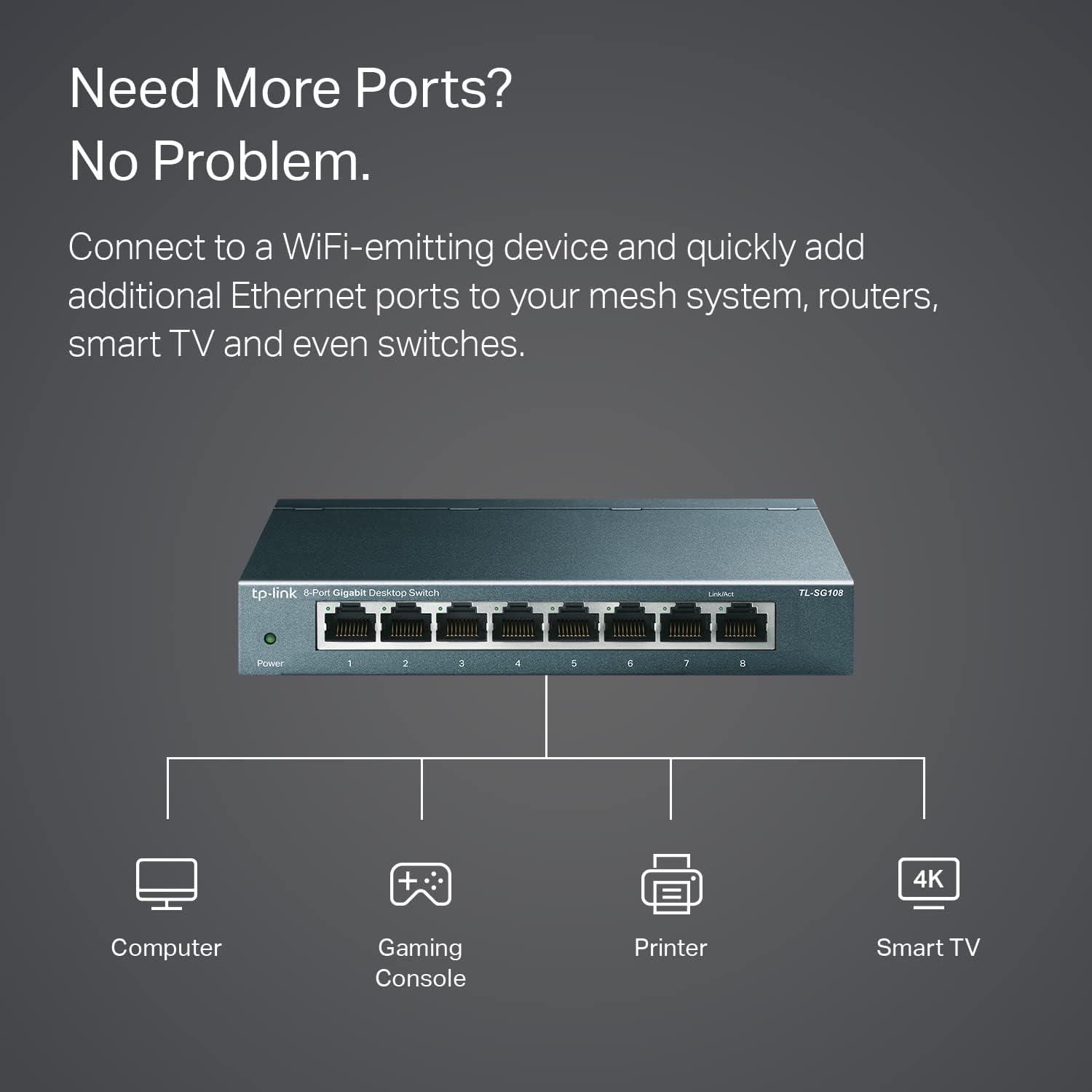 Need More Ports? No Problem.

Connect to a WiFi-emitting device and quickly add additional Ethernet ports to your mesh system, routers, smart TV and even switches.

tp-link 8-Port Gigabit Desktop Switch

- Computer
- Gaming Console
- Printer
- Smart TV