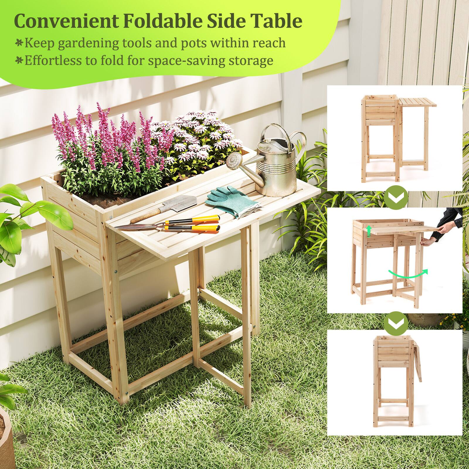 Convenient Foldable Side Table  
*Keep gardening tools and pots within reach  
*Effortless to fold for space-saving storage