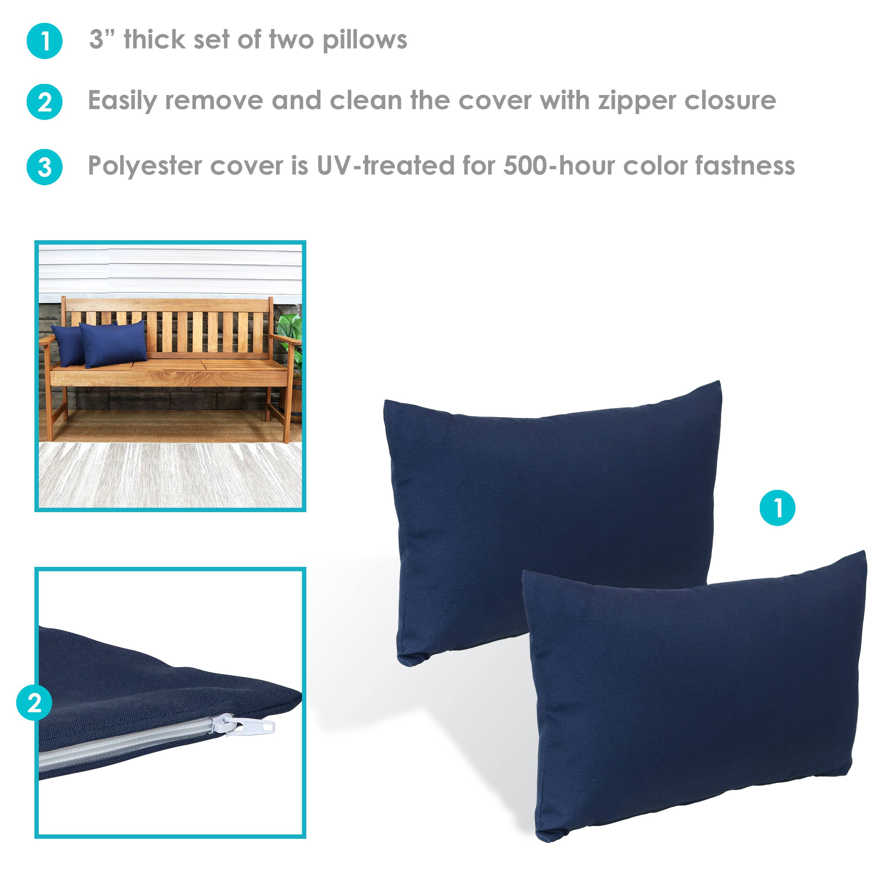 1. 3" thick set of two pillows  
2. Easily remove and clean the cover with zipper closure  
3. Polyester cover is UV-treated for 500-hour color fastness