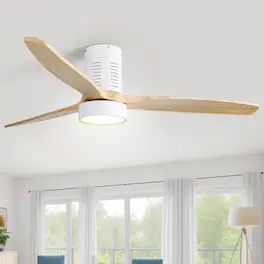 Sofucor - 52'' Low Profile Ceiling Fan with Lights and Remote Dimmable LED Reversible DC Modern Wood Flush Mount Ceiling Fan - White