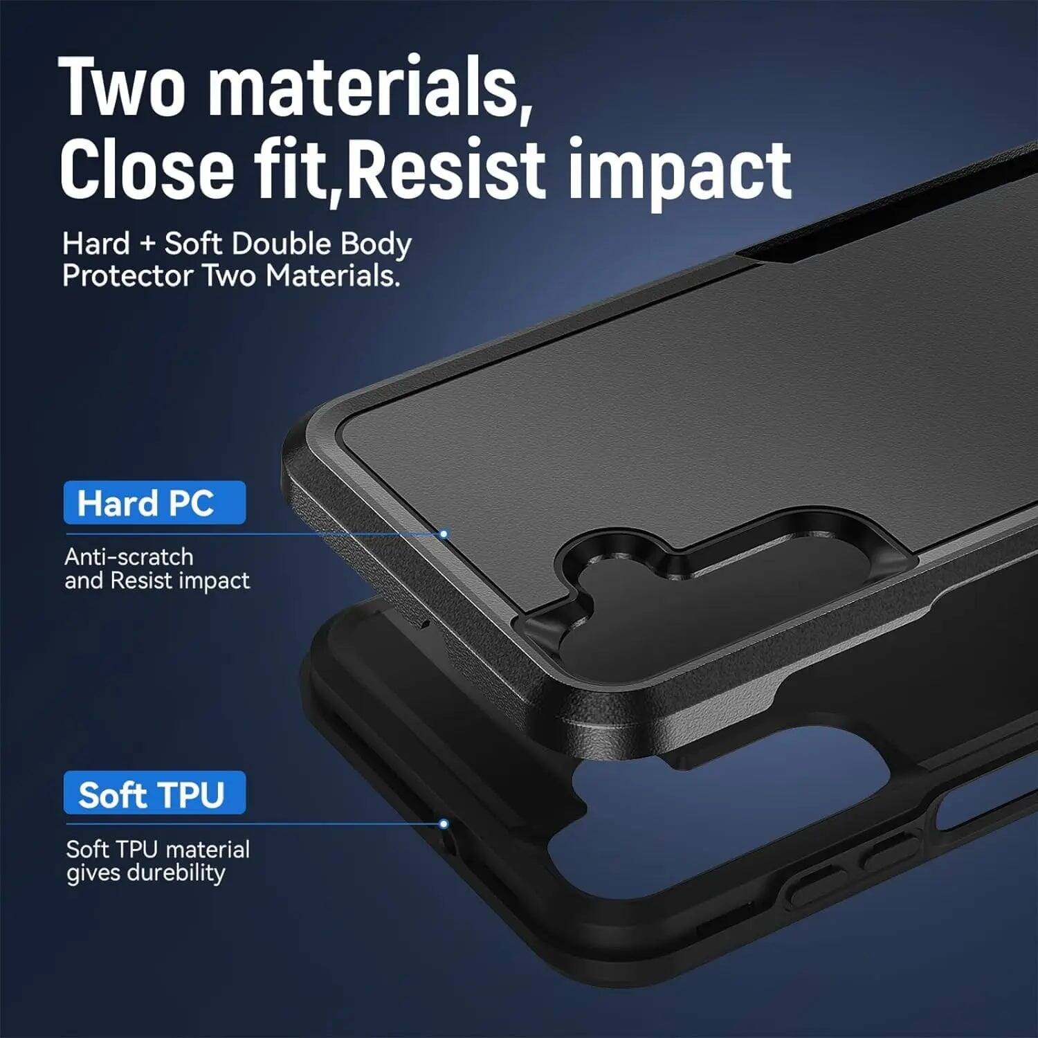 Two materials, Close fit, Resist impact  
Hard + Soft Double Body Protector Two Materials.  
Hard PC  
Anti-scratch and Resist impact  
Soft TPU  
Soft TPU material gives durability