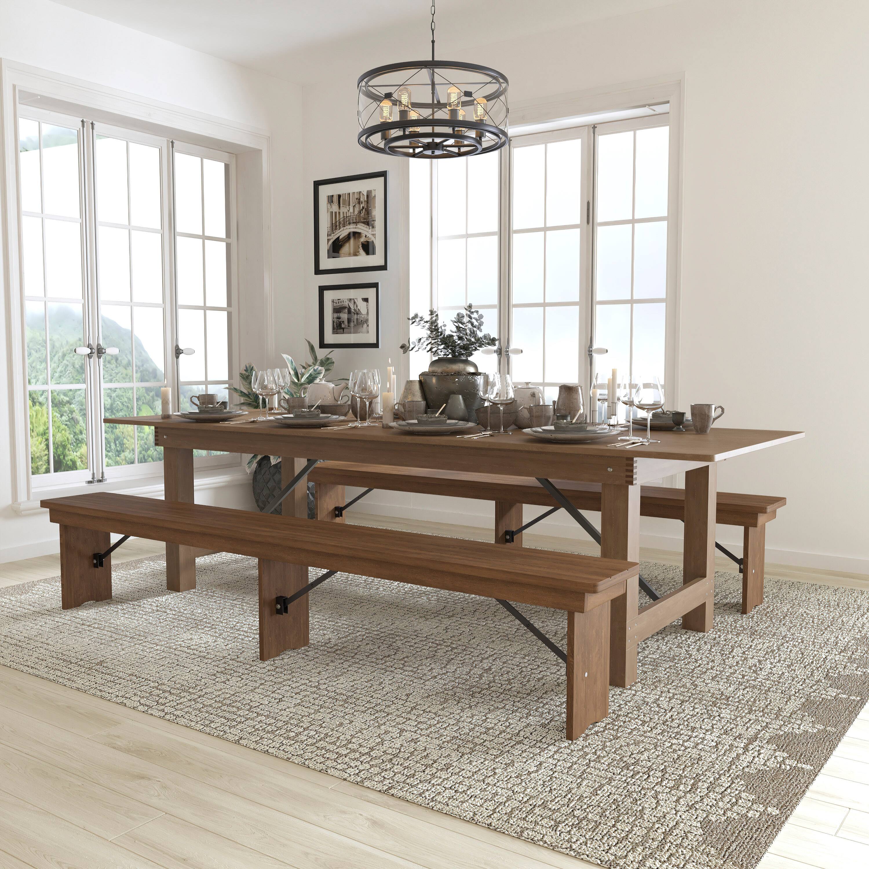 Angle. Flash Furniture - HERCULES Series 9' x 40'' Antique Rustic Folding Farm Table and Two Bench Set - Brown.