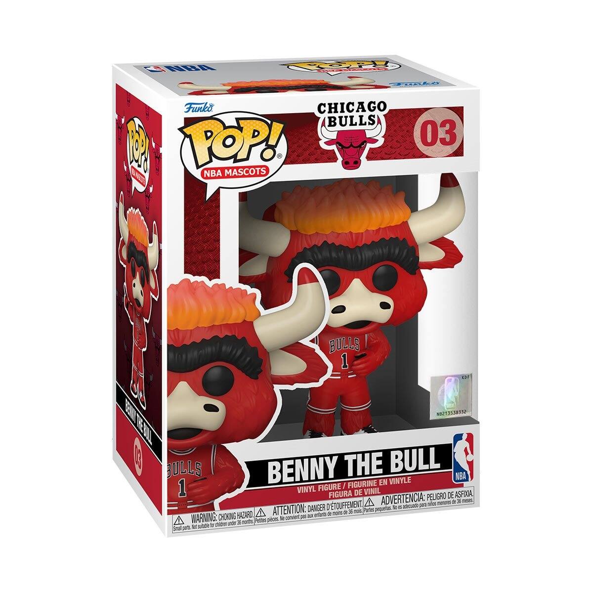 NBA  
Funko  
POP!  
NBA MASCOTS  

CHICAGO BULLS  
03  

BENNY THE BULL  
VINYL FIGURE / FIGURINE EN VINYLE / FIGURA DE VINIL  

WARNING: CHOKING HAZARD - ATTENTION: PELIGRO DE ASFIXIA - ADVERTENCIA: PELIGRO DE ASFIXIA  
Small parts not suitable for children under 3 years. / Petits pièces, ne conviennent pas aux enfants de moins de 3 ans. / Pequeñas piezas, no son adecuadas para niños menores de 3 años.  

NBA