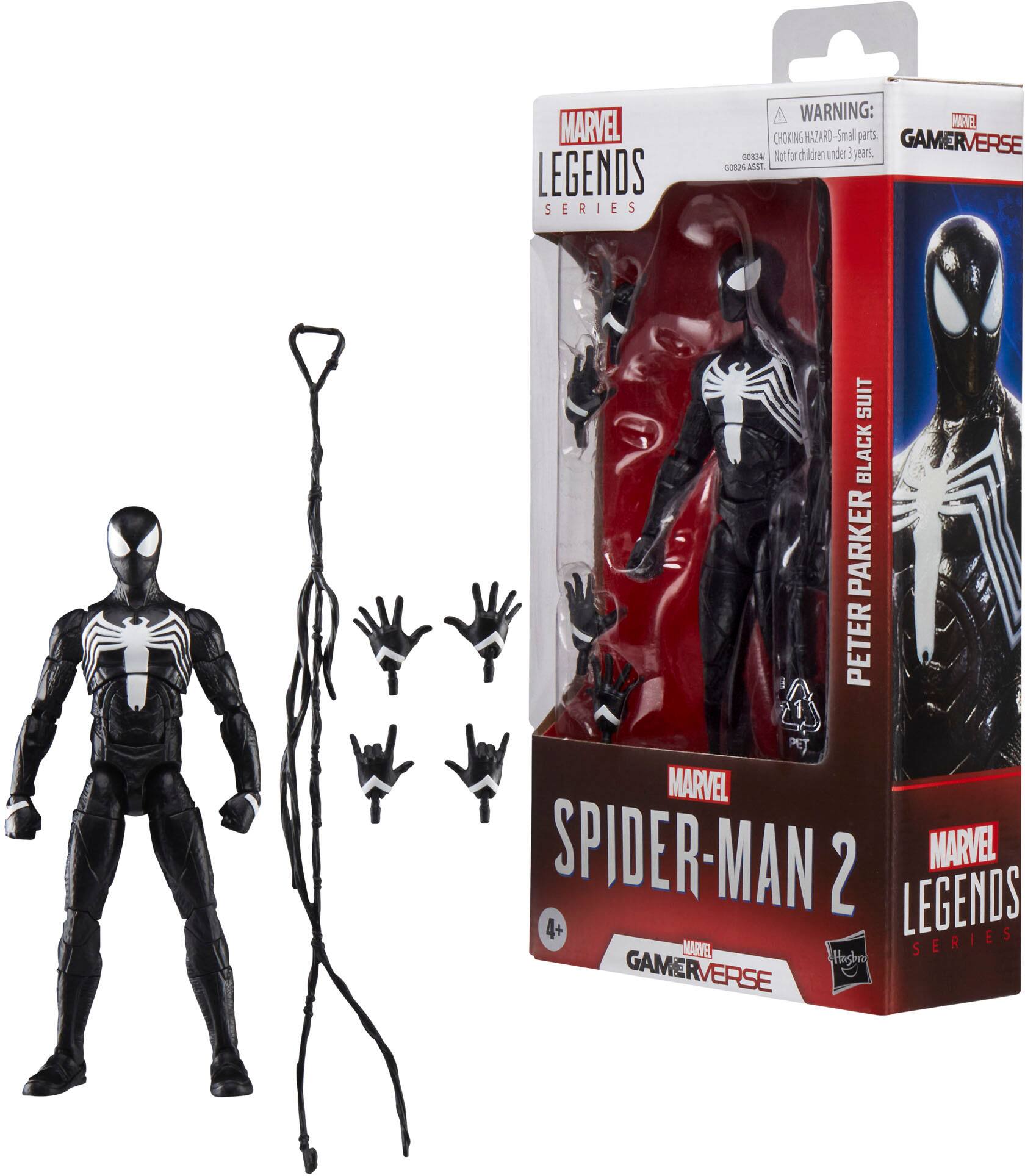 The image features a Spider-Man 2 action figure from the Marvel Legends series. The figure is in a box, and it is accompanied by several accessories, including a spider web and a spider-shaped object. The figure is designed for ages 4 and up, and it is a collectible item for fans of the Marvel universe. The packaging warns that small parts may pose a choking hazard, so it is important to keep the packaging away from children under the age of 3.