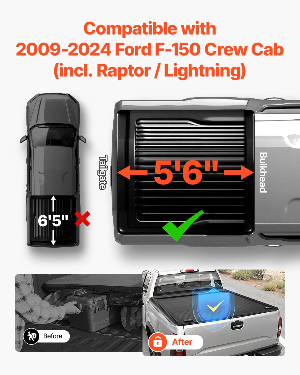 Compatible with 2009-2024 Ford F-150 Crew Cab (incl. Raptor/Lightning)

- Tailgate: 6'5" (X)
- Bulkhead: 5'6" (✓)

Before: Image of a person opening a toolbox in the truck bed.

After: Image of a truck with a closed tailgate and a checkmark shield.