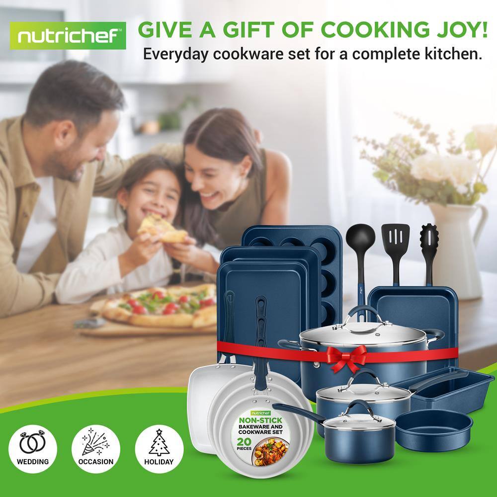 nutrichef  
GIVE A GIFT OF COOKING JOY!  
Everyday cookware set for a complete kitchen.  

NON-STICK BAKEWARE AND COOKWARE SET  
20 PIECES  

WEDDING  
OCCASION  
HOLIDAY