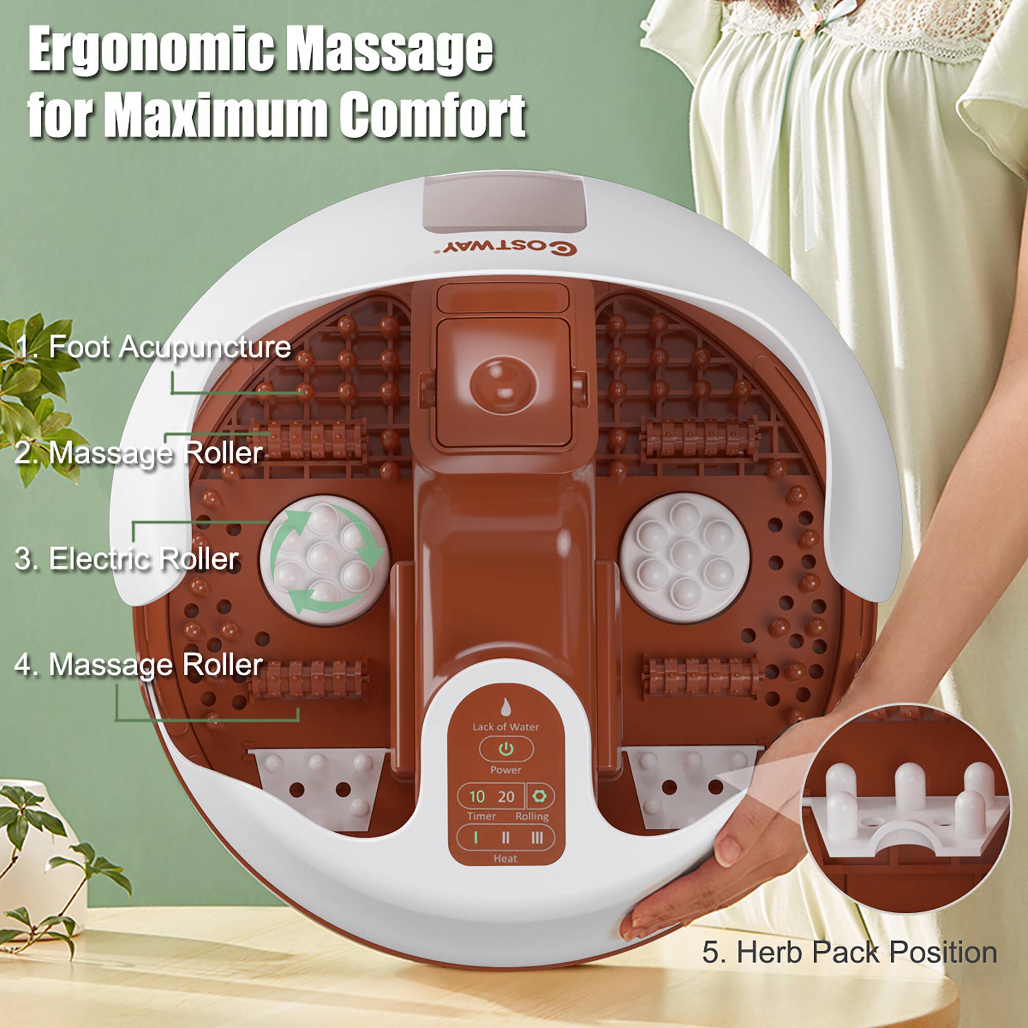 Ergonomic Massage for Maximum Comfort OSTWAY:

1. Foot Acupuncture
2. Massage Roller
3. Electric Roller
4. Massage Roller Lack of Water Power 10 20 Timer Rolling I II III Heat
5. Herb Pack Position