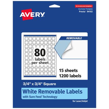 Go to avery.com/templates
AVERY
Use Avery Template Presta 94102
REMOVABLE
80 labels per sheet
15 sheets 1200 labels
3/4" x 3/4" Square
White Removable Labels with Sure Feed Technology for Laser/Inkjet