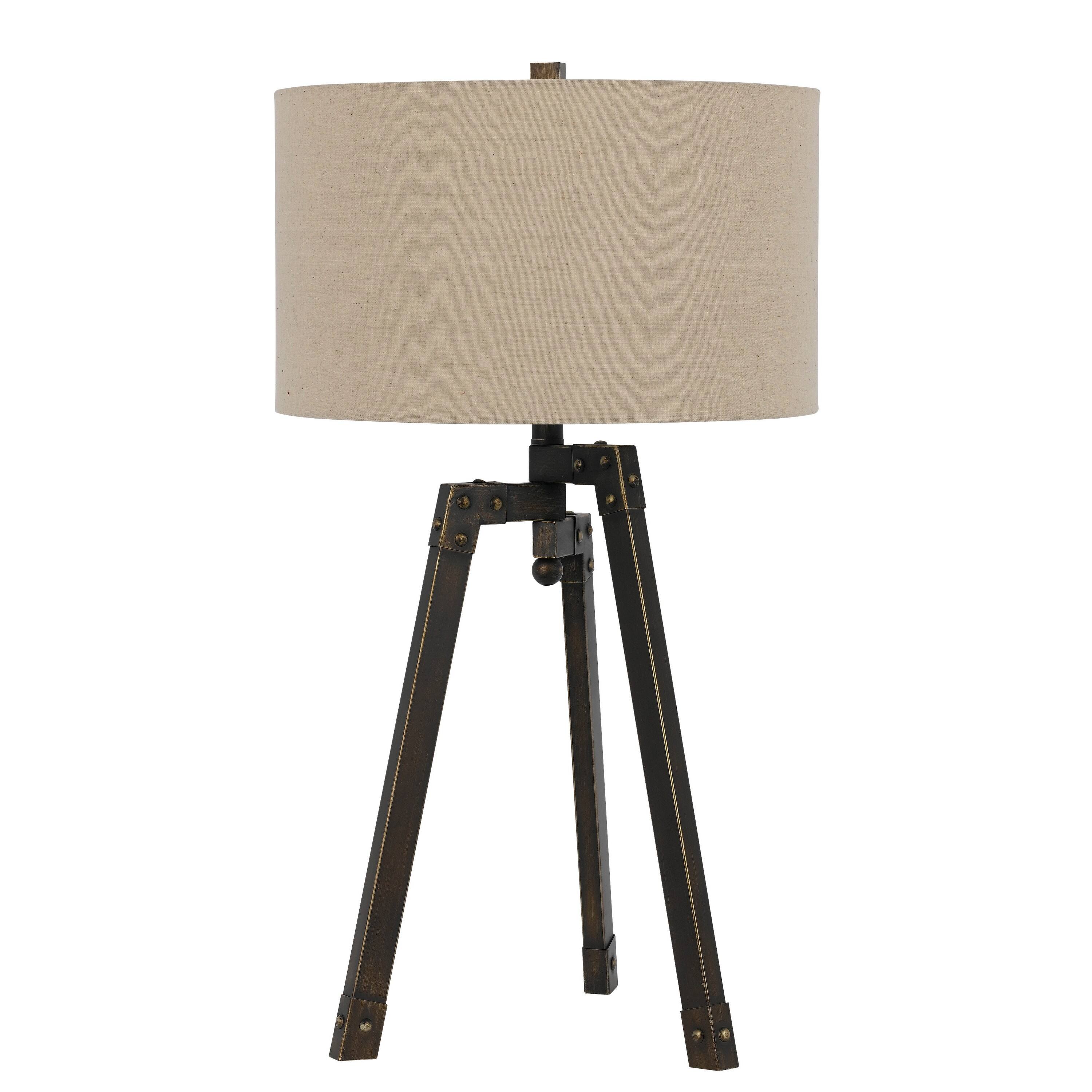 Front. Manhattan Lane - Metal Tripod Base Table Lamp with Fabric Drum Shade - Bronze and Beige.