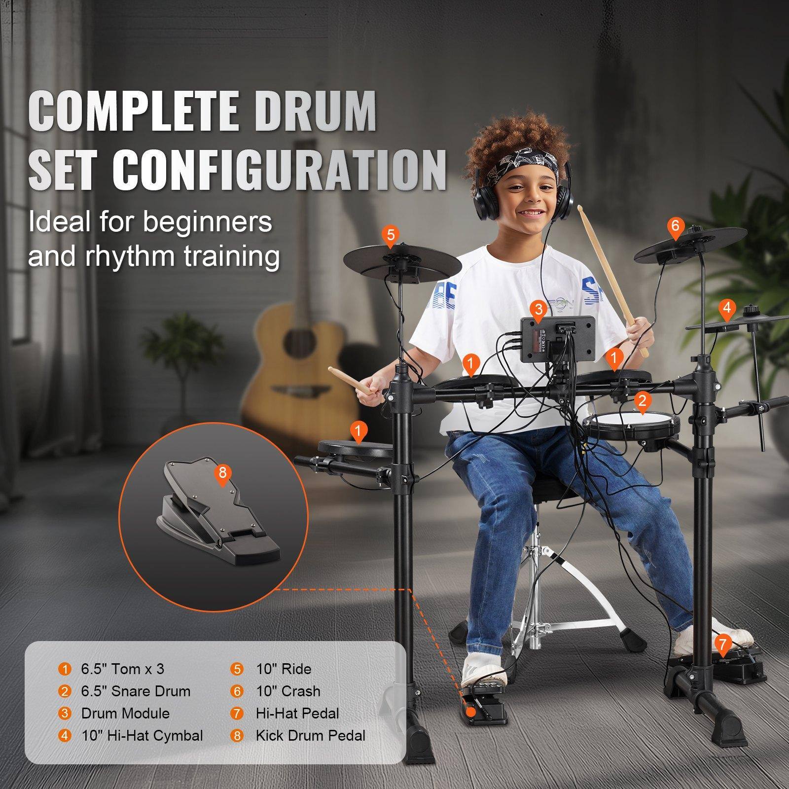 COMPLETE DRUM SET CONFIGURATION  
Ideal for beginners and rhythm training  

1. 6.5" Tom x 3  
2. 6.5" Snare Drum  
3. Drum Module  
4. 10" Hi-Hat Cymbal  
5. 10" Ride  
6. 10" Crash  
7. Hi-Hat Pedal  
8. Kick Drum Pedal