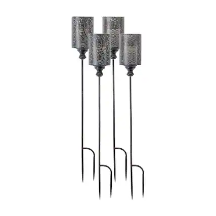 Front. BreeBe - Black Punched Metal Candle Holder Garden Stake (Set of 4) - Black, Gold.