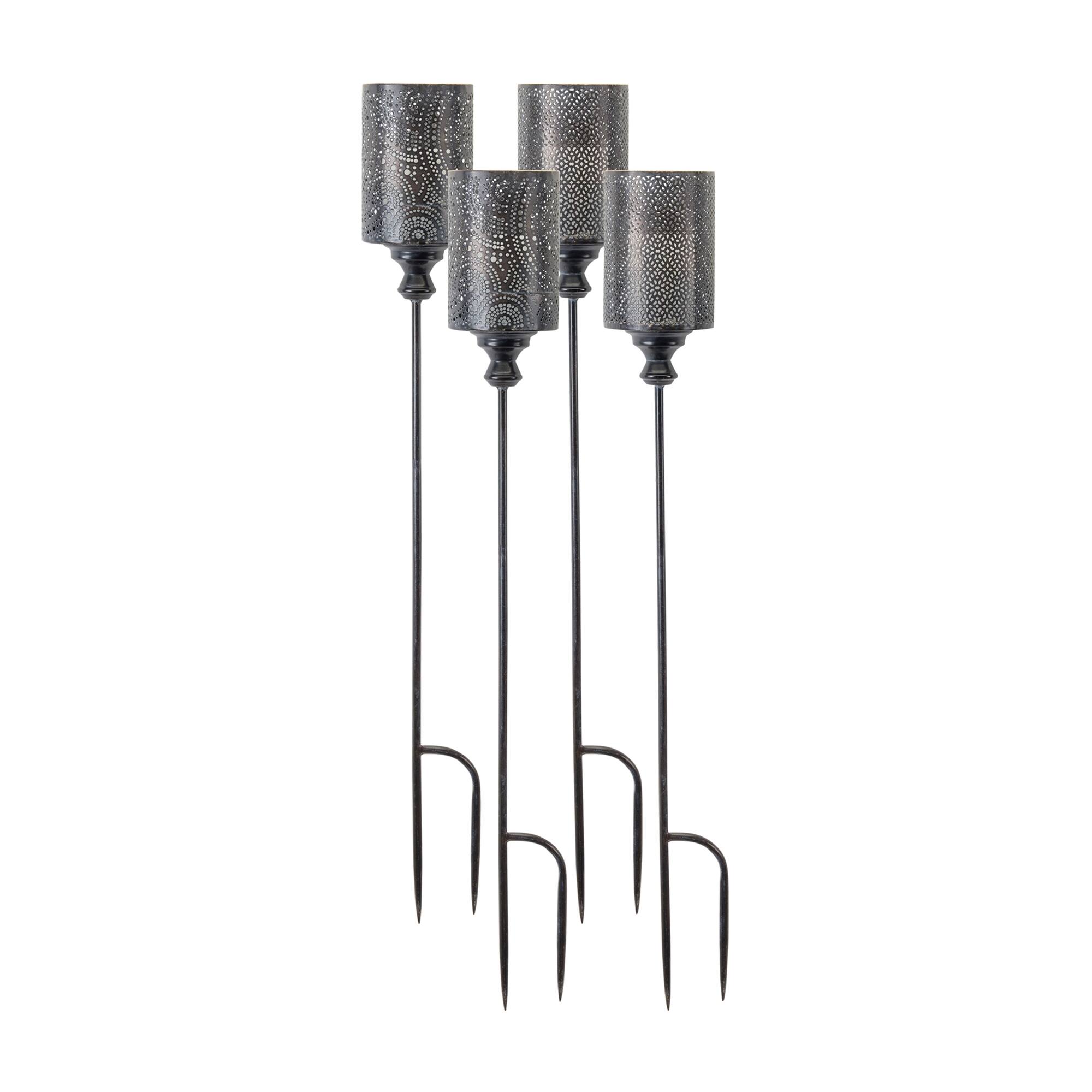 Front. BreeBe - Black Punched Metal Candle Holder Garden Stake (Set of 4) - Black, Gold.