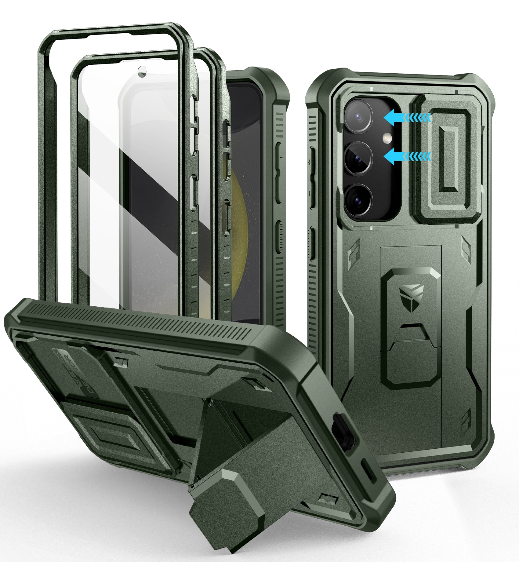 Dexnor - Bumper Phone Case for Samsung Galaxy S24 with Built-in Slide Camera Cover & Screen Protector & Kickstand - Army Green