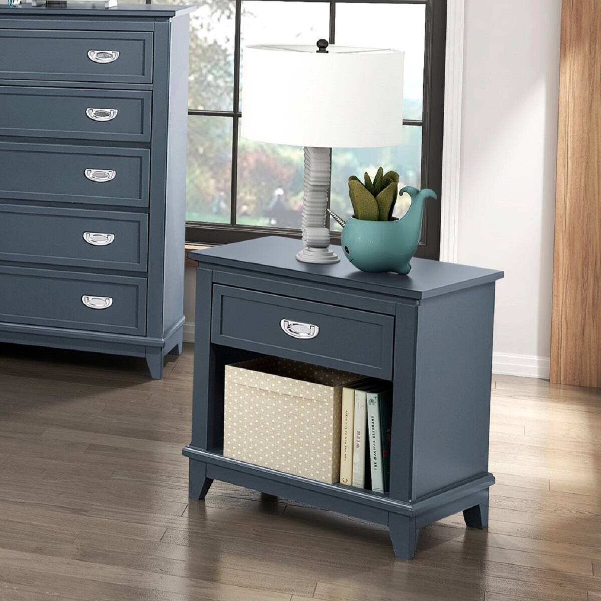 Alt View 3. Loheer - Loheer Navy Blue Nightstand with Drawer and Lower Shelf, Classic Bedroom Storage - Navy Blue.
