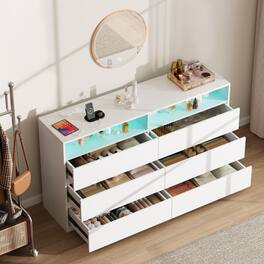 Vipbear - 6-Drawer Double Dresser with Power Outlet & LED Lights, Wide Storage Chest with Open Shelves - White