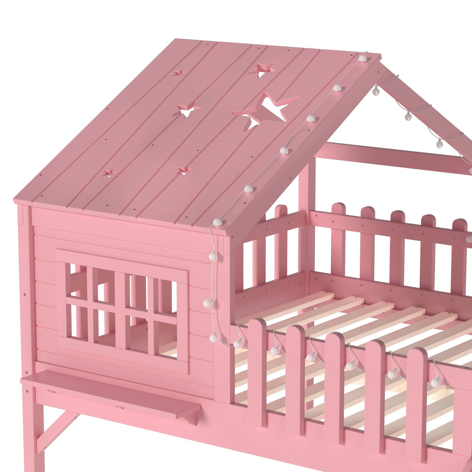 Alt View 5. Boyel Living - Full Size House Loft Bed with Slide Playhouse Bed with Star Shaped Designs - Pink.