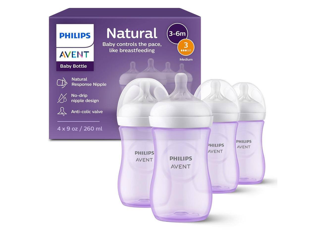 PHILIPS AVENT Natural 3-6m Baby Bottle  
Natural Response Nipple  
No-drip nipple design  
Anti-colic valve  
4 x 9 oz / 260 ml  
Baby controls the pace, like breastfeeding