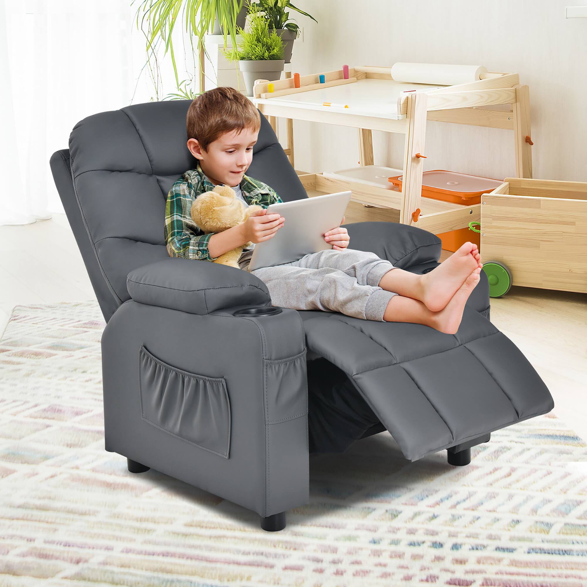 Alt View 9. Costway - Costway Kids Youth Recliner Chair PU Leather w/Cup Holders & Side Pockets - Gray.