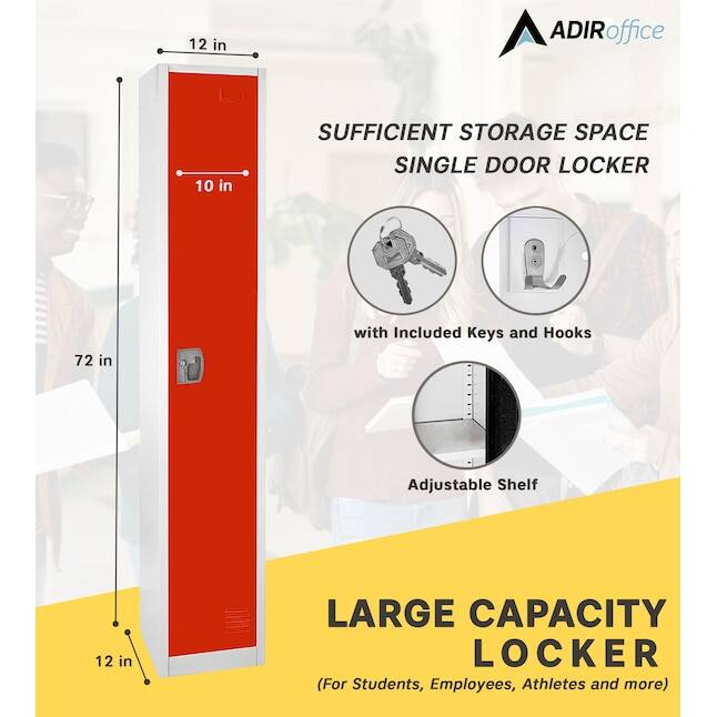 ADIRoffice, LARGE CAPACITY LOCKER (For Students, Employees, Athletes and more), SUFFICIENT STORAGE SPACE SINGLE DOOR LOCKER, 72 in, 12 in, 10 in, with Included Keys and Hooks, Adjustable Shelf, 12 in