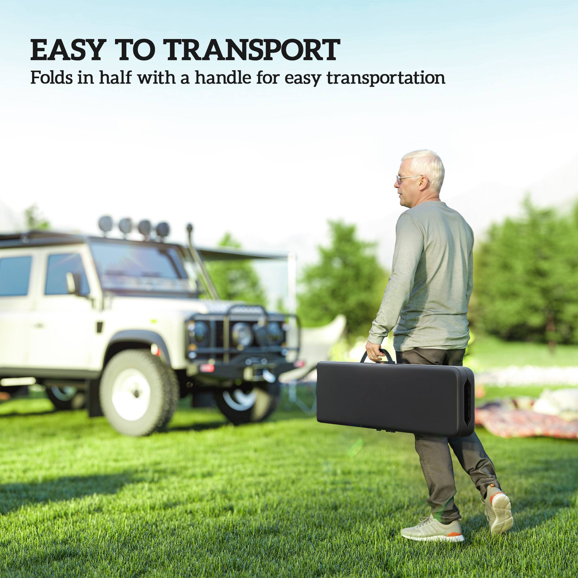 EASY TO TRANSPORT  
Folds in half with a handle for easy transportation