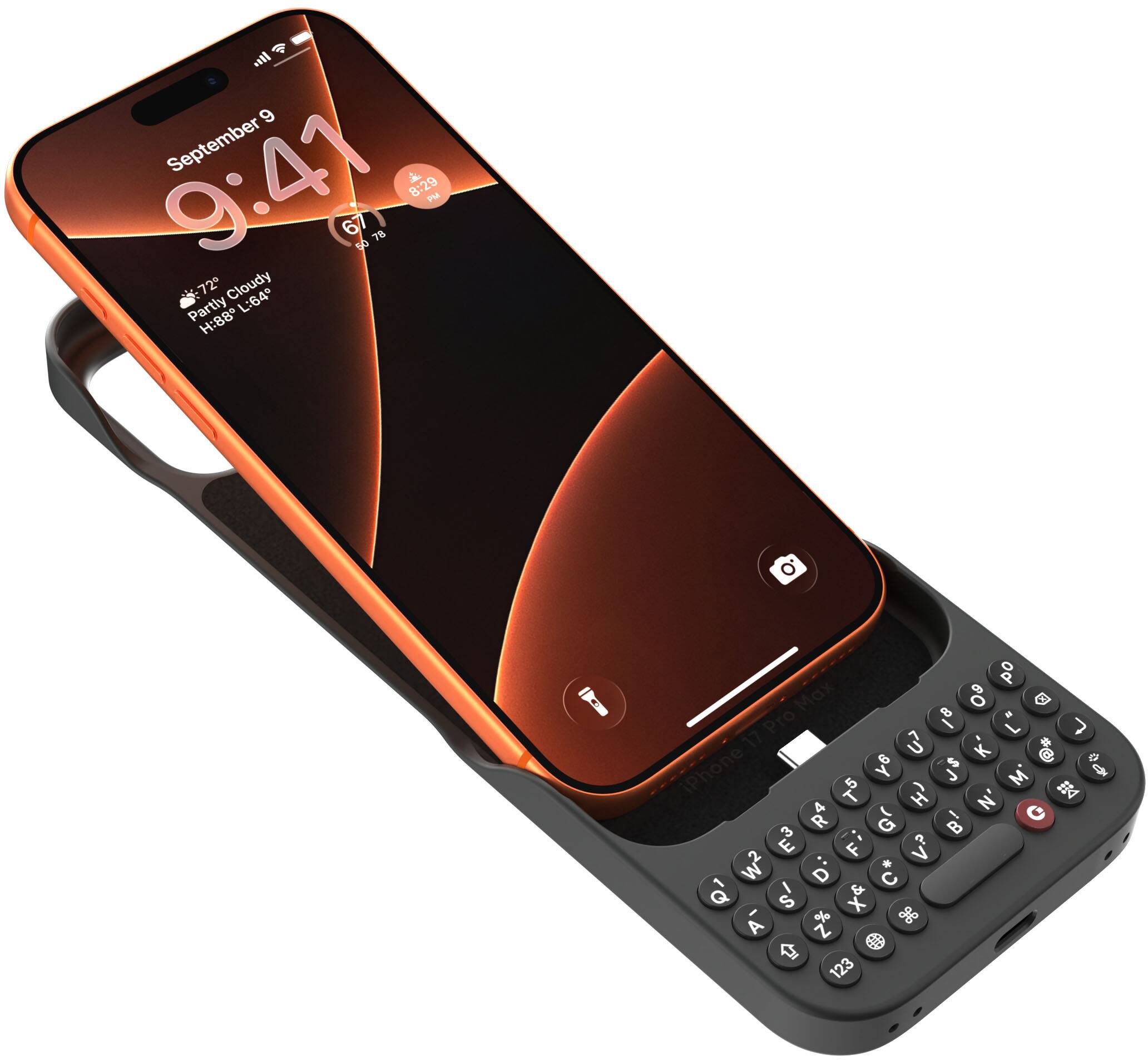 September 9  
9:41  
67°F  
72°  
Cloudy  
Partly  
H:88° L:64°  
iPhone 17 Pro Max