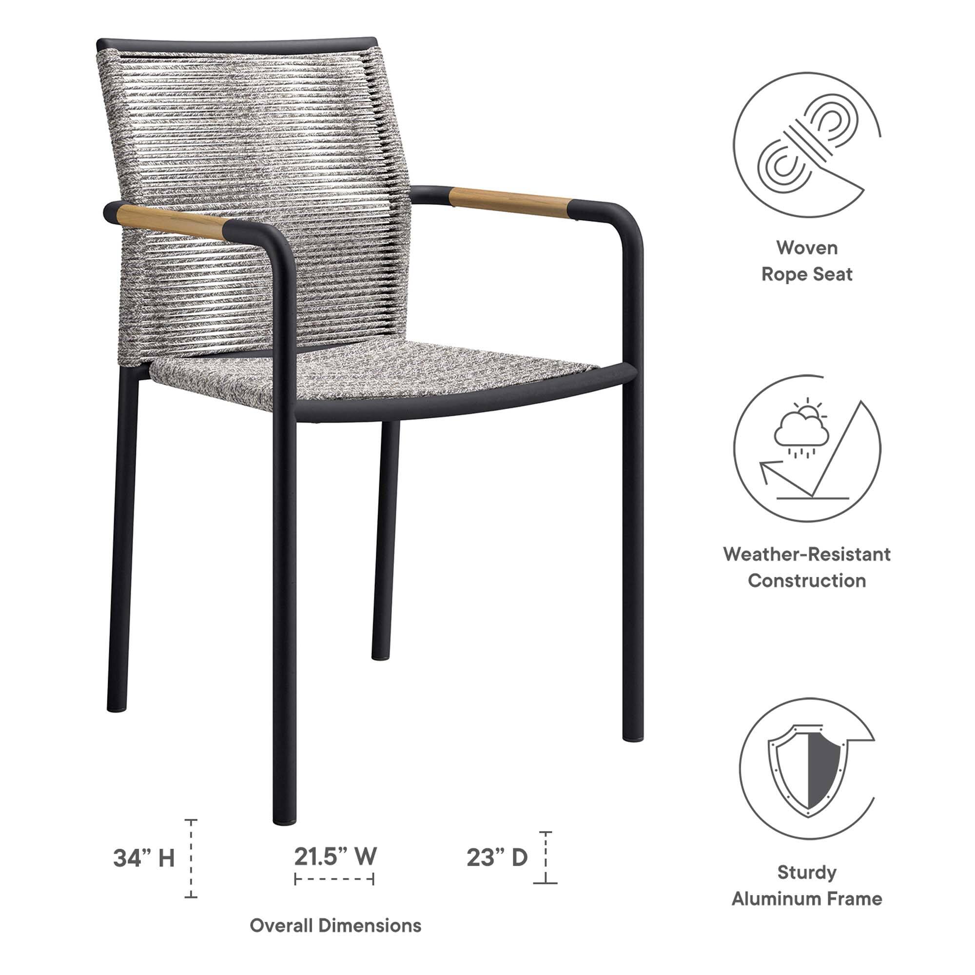 - Woven Rope Seat
- Weather-Resistant Construction
- Sturdy Aluminum Frame

Overall Dimensions:
- Height: 34"
- Width: 21.5"
- Depth: 23"