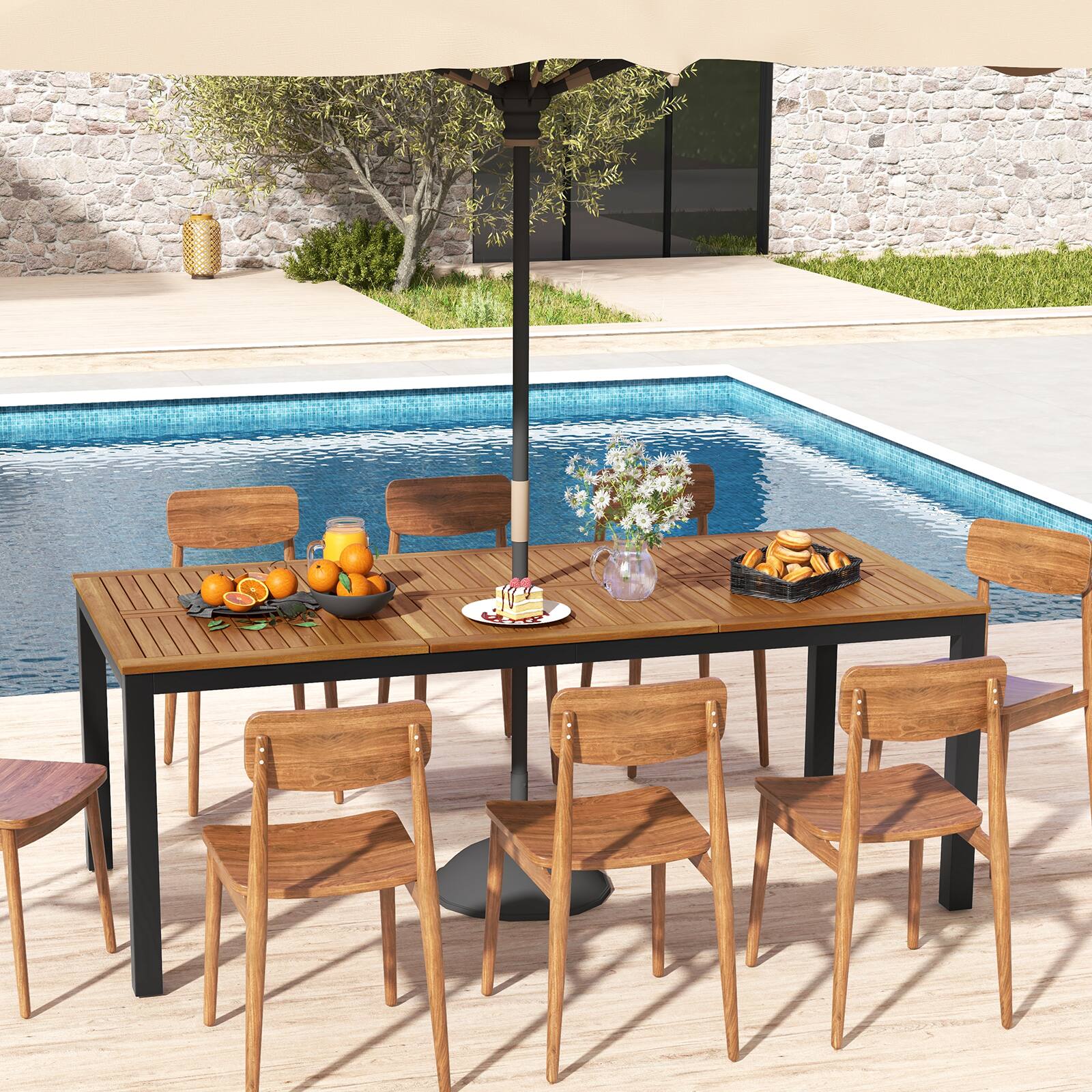Alt View 3. Costway - Costway 79" Acacia Wood Patio Table 8-Person Outdoor Dining Table with Umbrella Hole - Natural,Black.