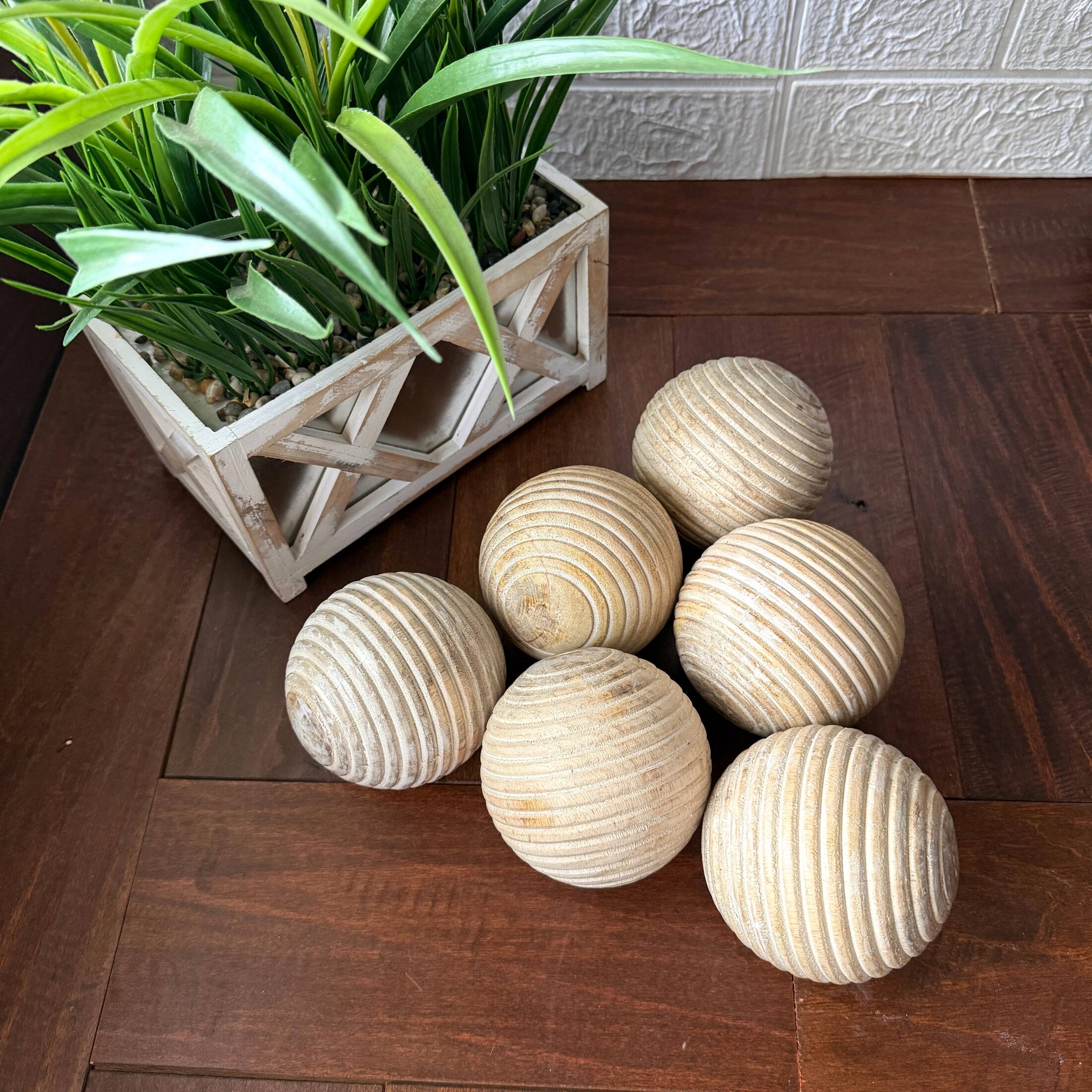 Alt View 6. PD Home & Garden - Set of 6 Ribbed Wooden Decorative Orbs Natural 4 Inch Striped Bowl Fillers - Natural.