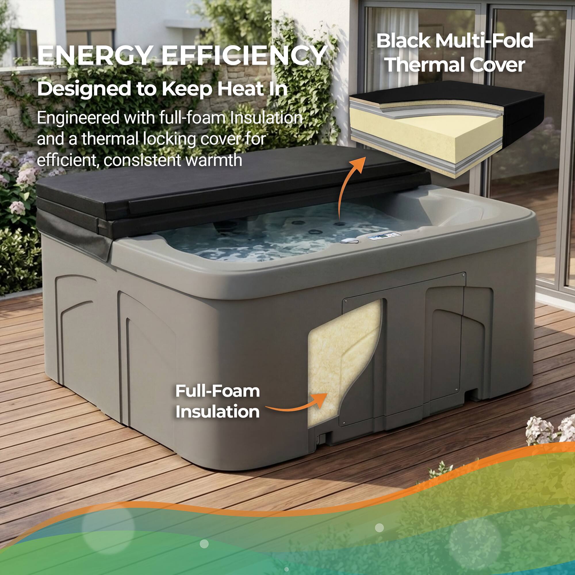 **ENERGY EFFICIENCY**  
Designed to Keep Heat In  
Engineered with full-foam insulation and a thermal locking cover for efficient, consistent warmth  

**Black Multi-Fold Thermal Cover**  

**Full-Foam Insulation**