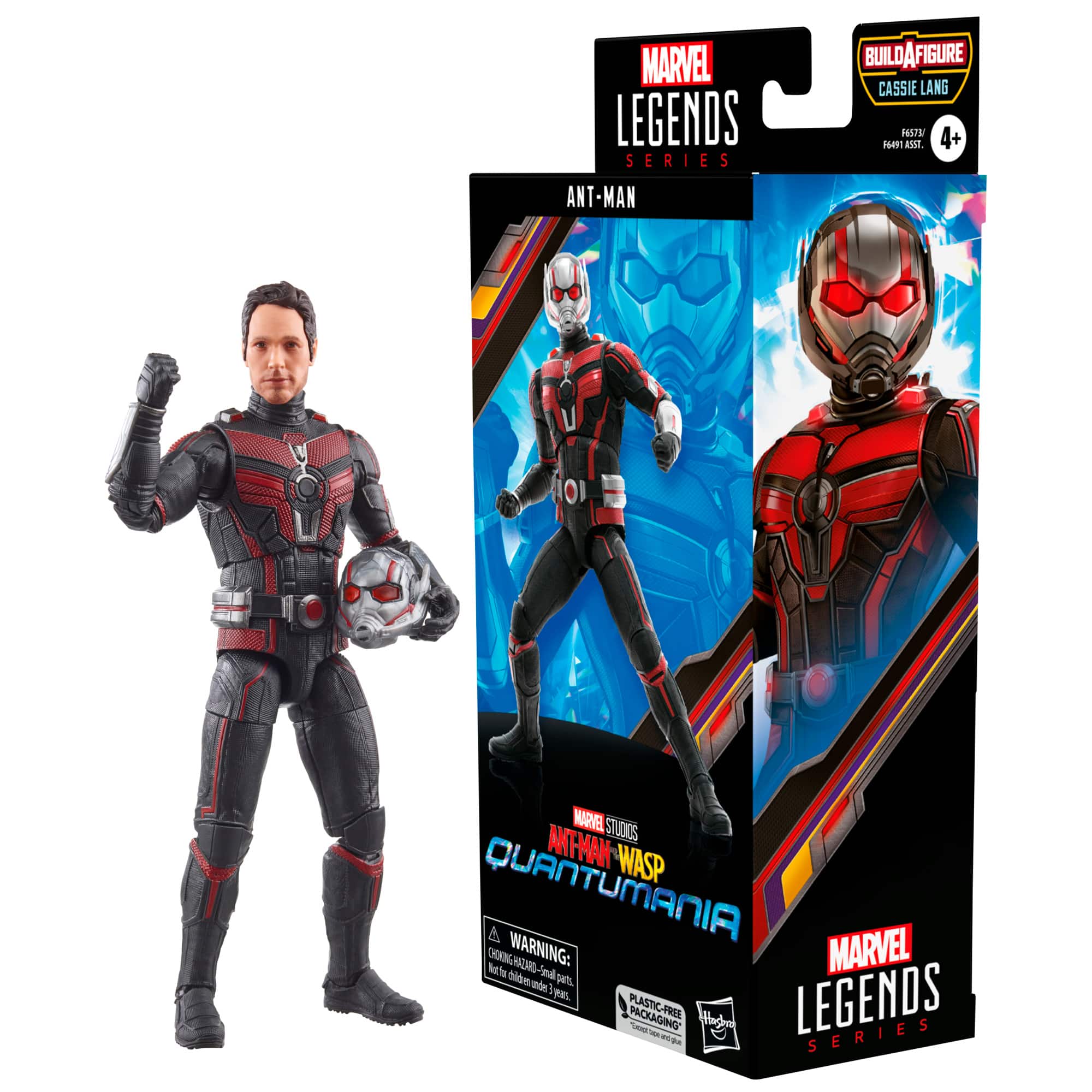 The image features a Marvel Legends Ant-Man Build-A-Figure set, which includes a figure of Ant-Man and a Cassie Lang figure. The set also comes with a helmet and a Wasp figure. The Ant-Man figure is wearing a helmet and is part of the Quantumania series. The set is designed for children aged 4 and up, and it comes with instructions. The packaging is made of plastic and features a warning label.