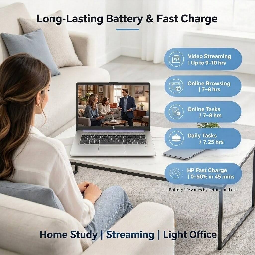 Long-Lasting Battery & Fast Charge

Video Streaming | Up to 9-10 hrs  
Online Browsing | 7-8 hrs  
Online Tasks | 7-8 hrs  
Daily Tasks | 7.25 hrs  
HP Fast Charge | 0-50% in 45 mins  
Battery life varies by settings and use.  

Home Study | Streaming | Light Office