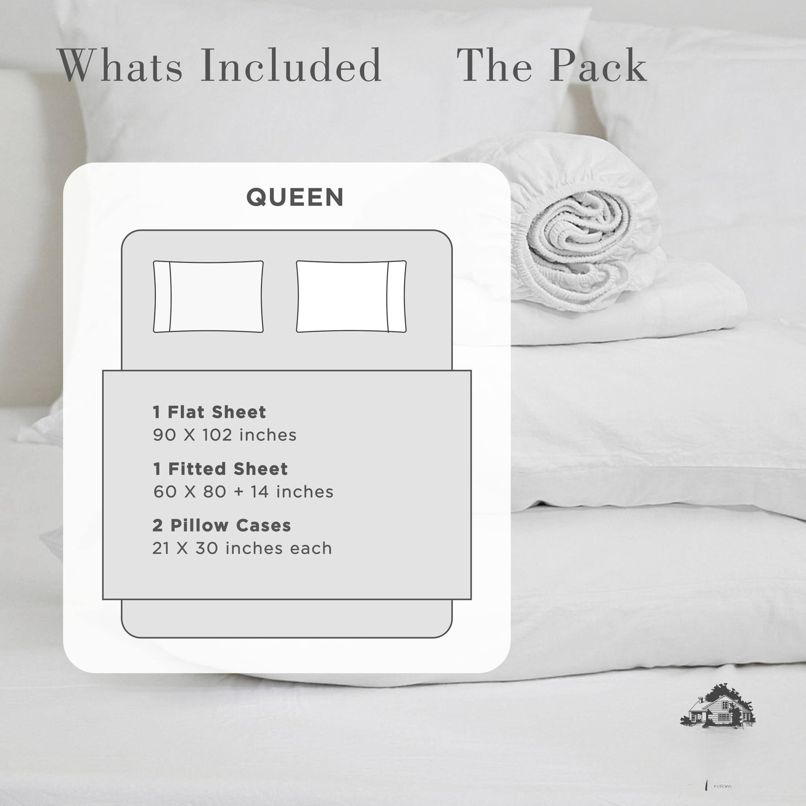 **Whats Included**

**The Pack**

**QUEEN**

- 1 Flat Sheet  
  90 X 102 inches

- 1 Fitted Sheet  
  60 X 80 + 14 inches

- 2 Pillow Cases  
  21 X 30 inches each