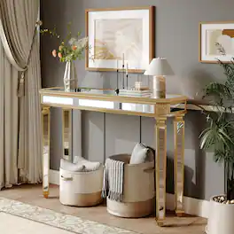 Loheer - Mirrored Console Table, Vintage Wood Carved Entryway Table, 48 Inch Living Room Console - Gold