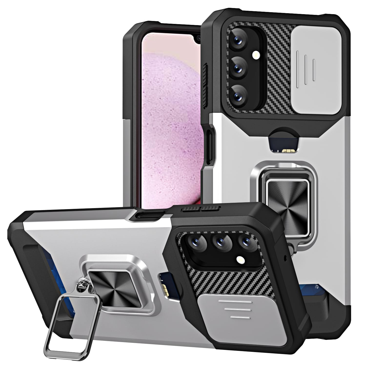 Dteck - For Samsung A17 5G Slide Lens Protection Case Wallet Card Holder Ring Stand Kickstand Hybrid PC TPU Cover - Silver price history on PriceWatchPro