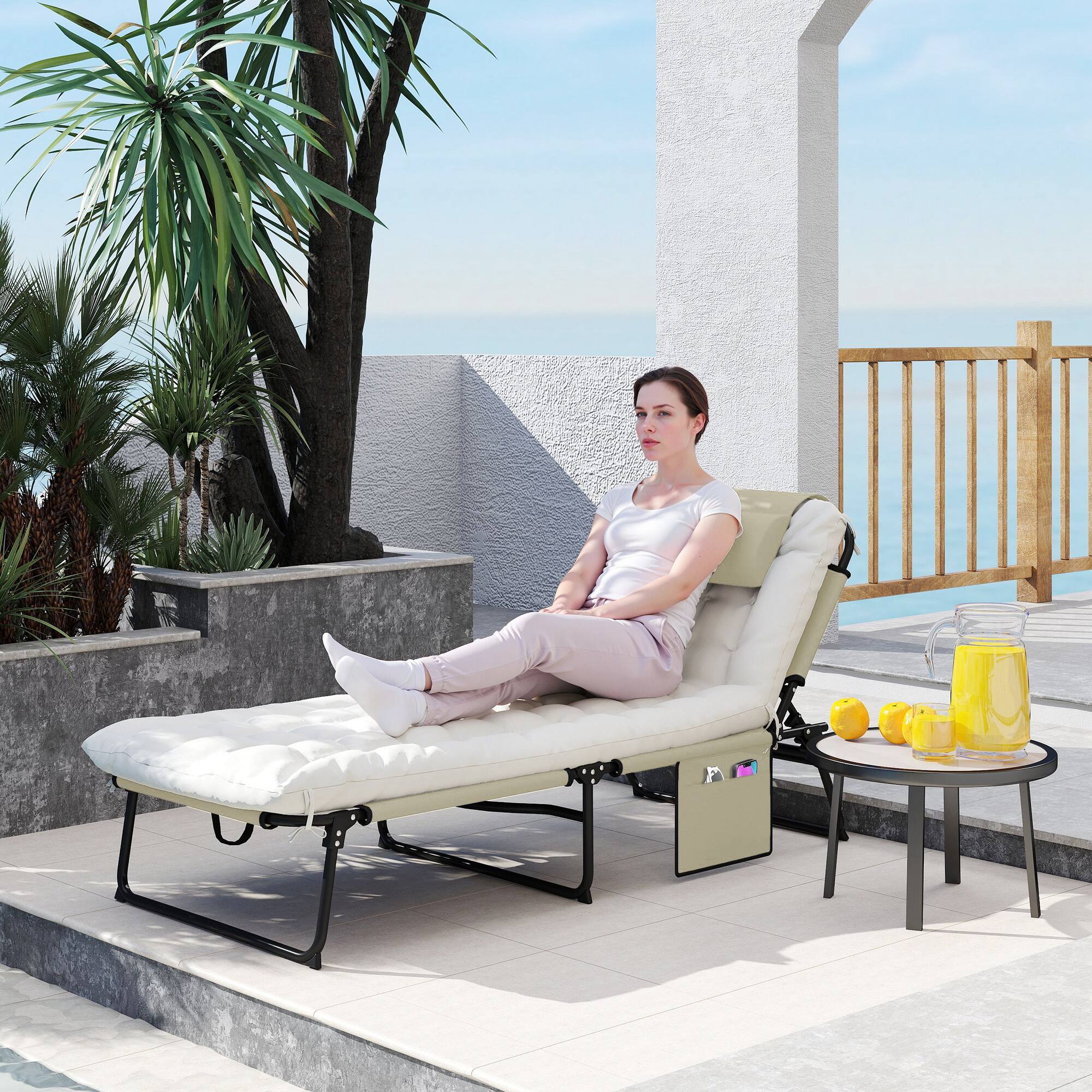 Alt View 1. Outsunny - Chaise Lounge Pool Chair with 4-level Reclining Back, Cushion, Side Pocket - Beige.