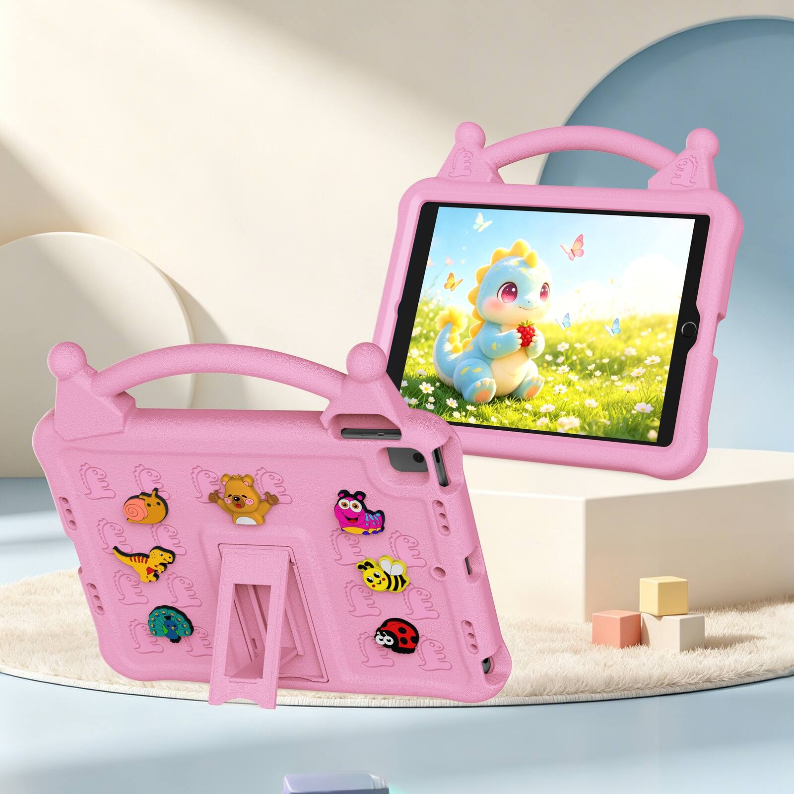 Angle. UUCOVER - Kids Case for iPad 9th 8th 7th Generation 10.2-inch (2021/2020/2019) ,Shockproof EVA Case with Handle Kickstand Cover - Pink.