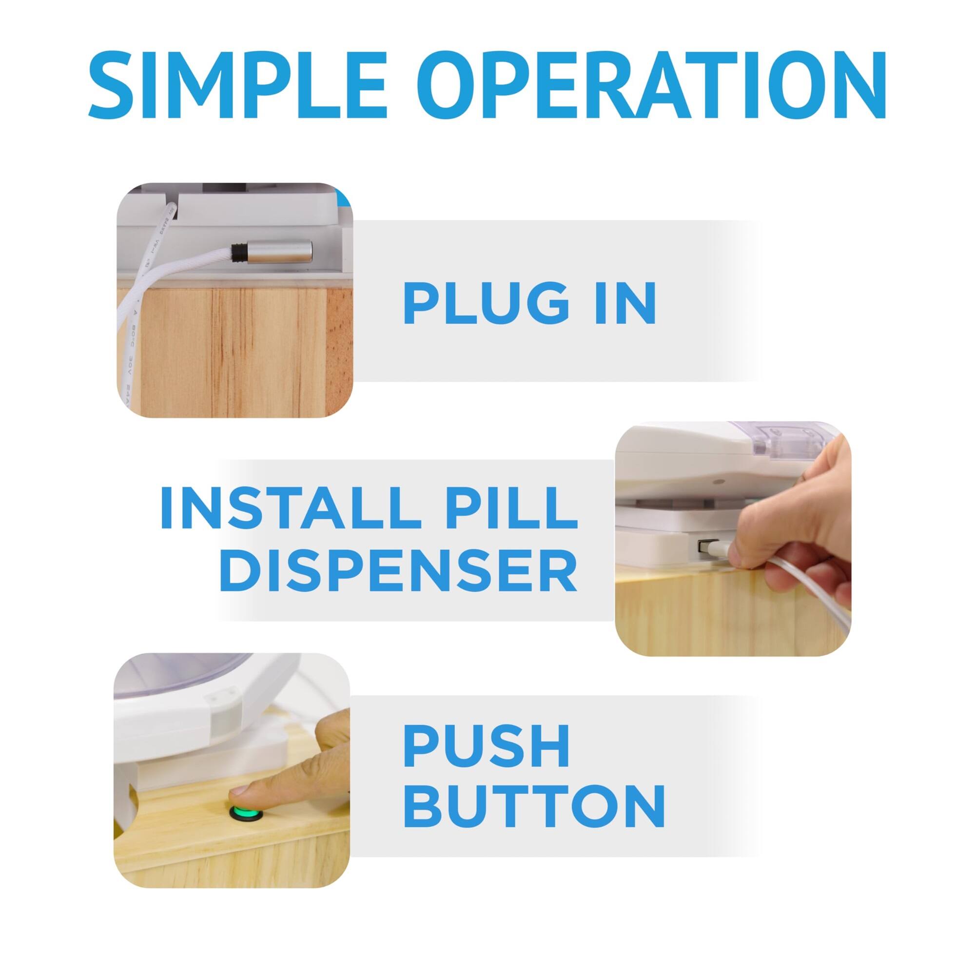 SIMPLE OPERATION

PLUG IN

INSTALL PILL DISPENSER

PUSH BUTTON