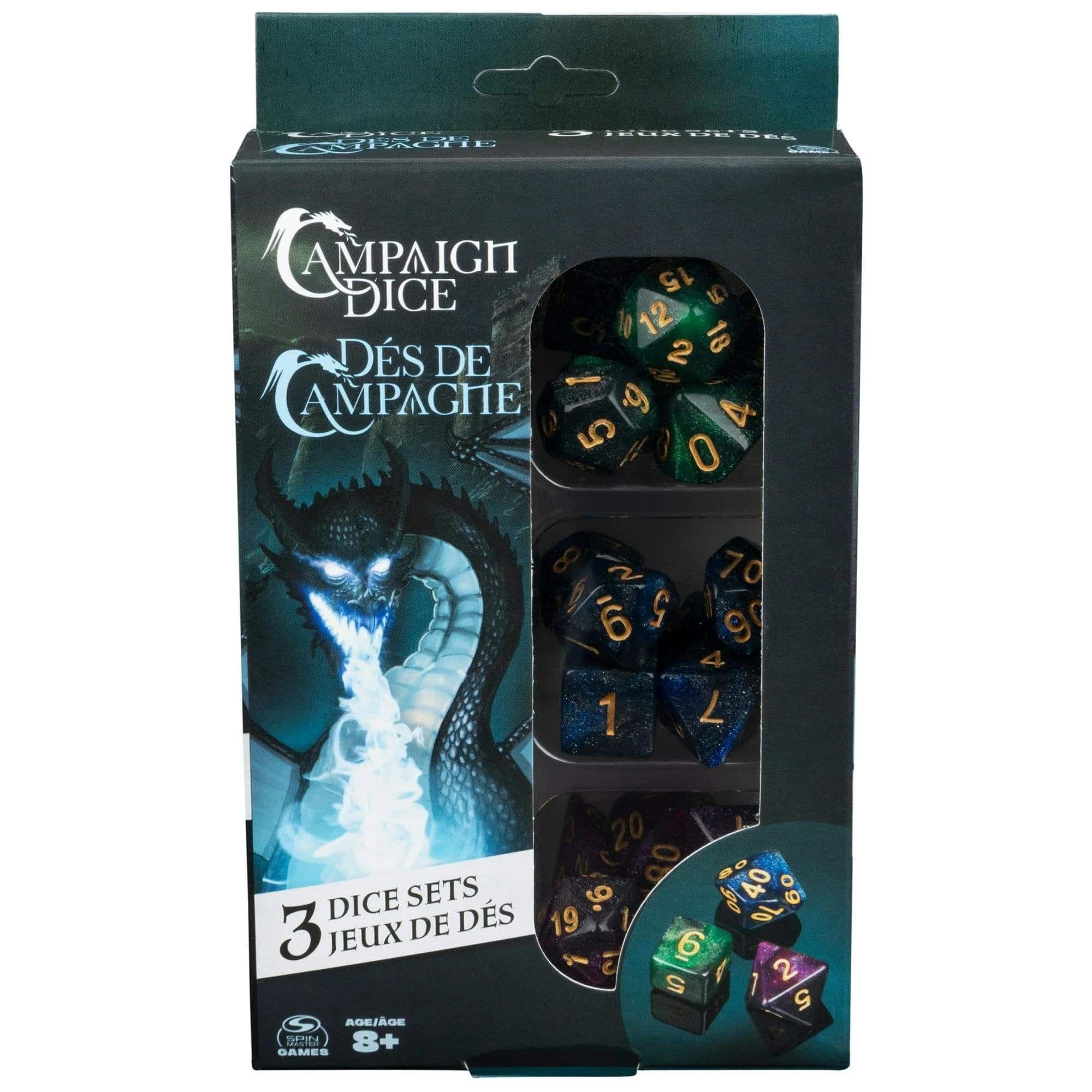 SpinMaster Games - Spin Master Games Campaign Dice, 3 Dice Sets with Storage Pouch for Dungeons & Dragons, Magic the Gathering & RPG games - Jewel-toned purple, blue, and green