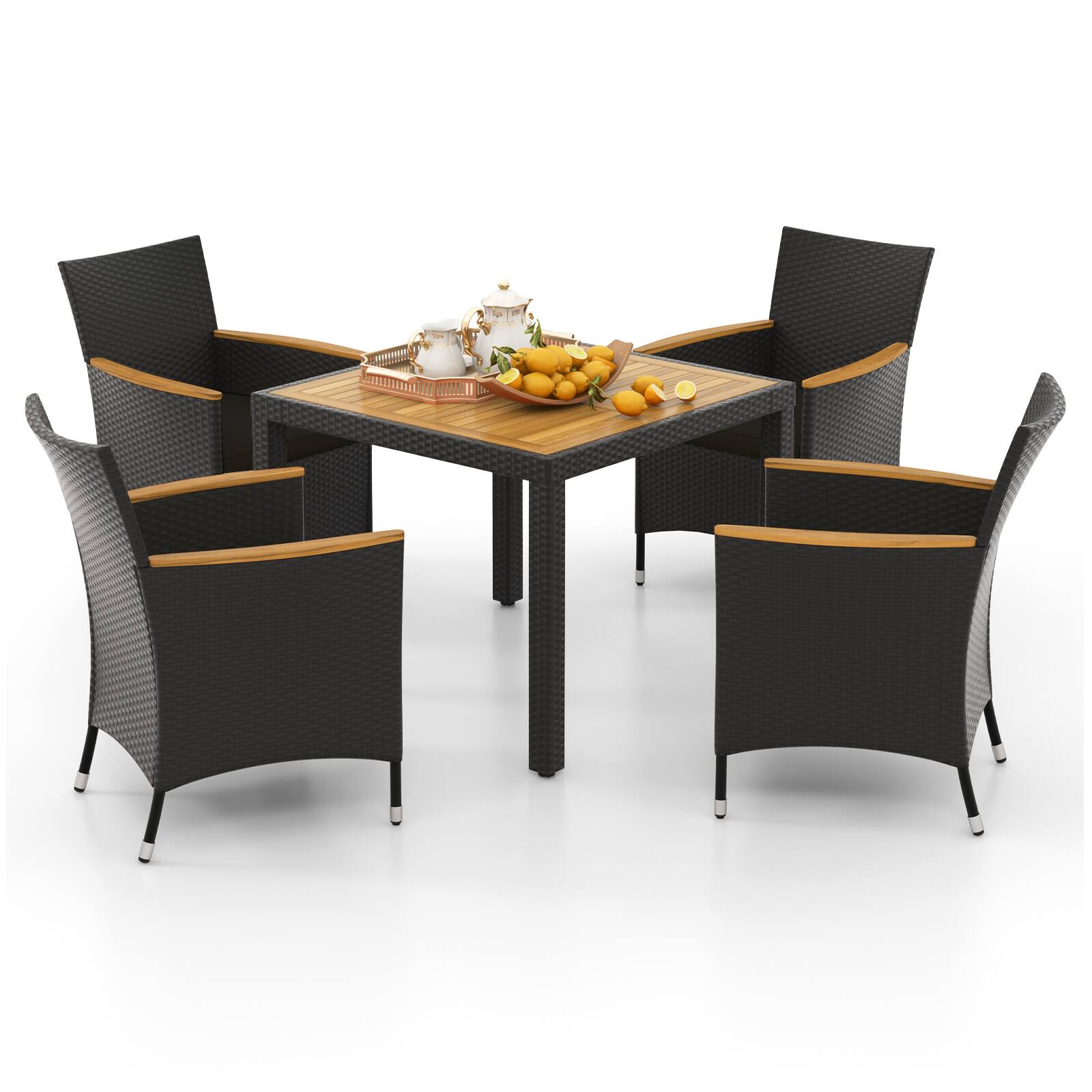 Alt View 6. Gymax - Gymax Set Of 5 Patio Dining Table Set for 4 Rattan Conversation Set w/ Umbrella Hole - Brown.