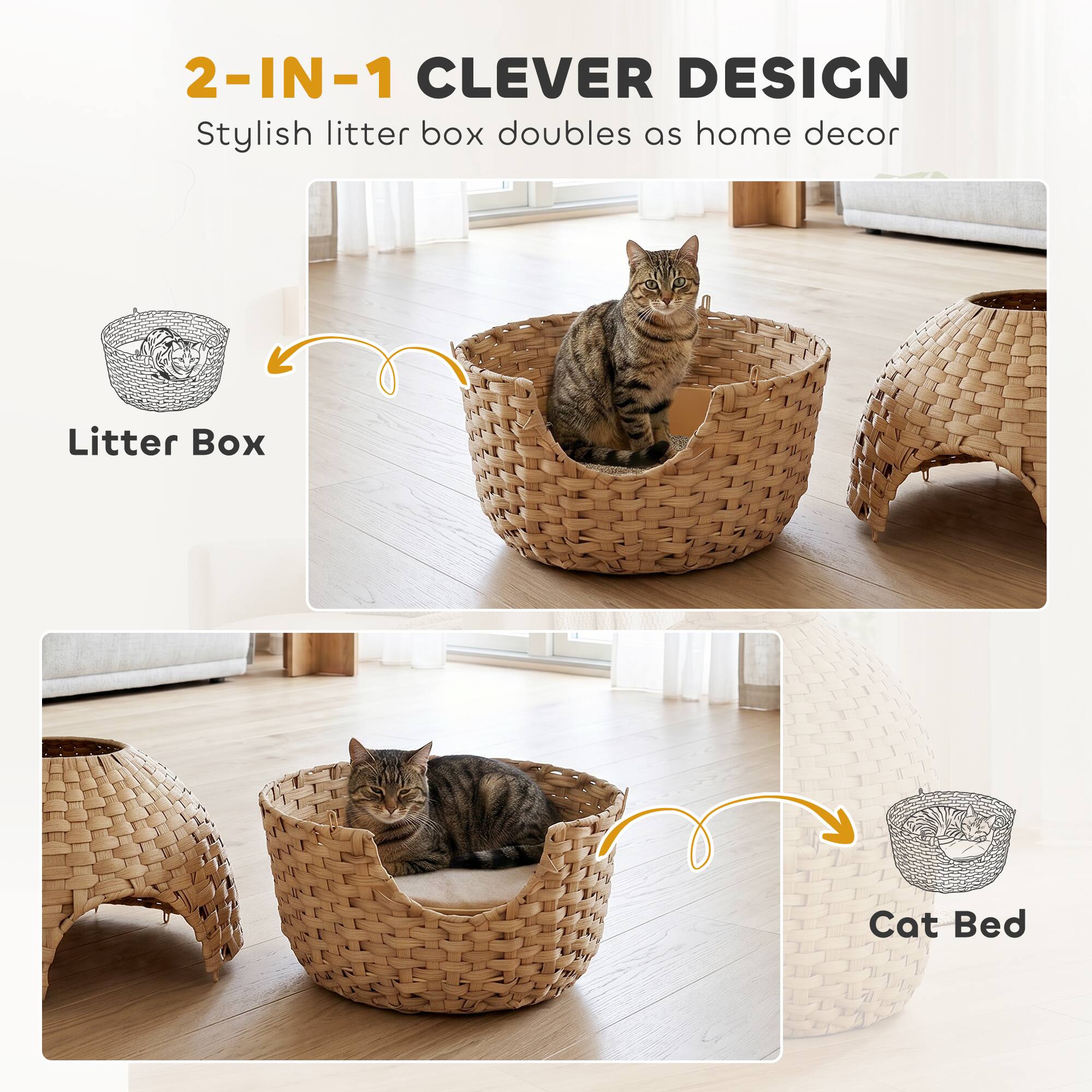 2-IN-1 CLEVER DESIGN  
Stylish litter box doubles as home decor  

Litter Box  
Cat Bed