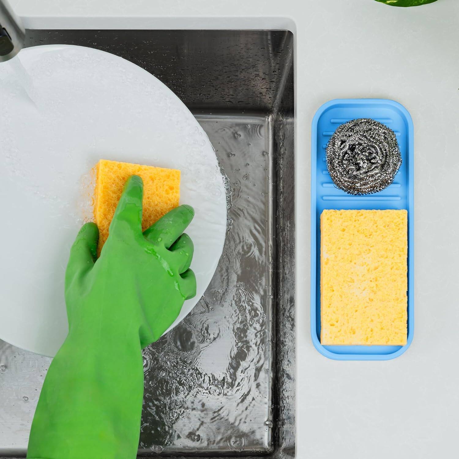 Angle. Zulay Kitchen - Zulay Kitchen (9x3.5) Silicone Sponge Holder for Kitchen Sink - Flexible Multipurpose Soap Tray - Blue.
