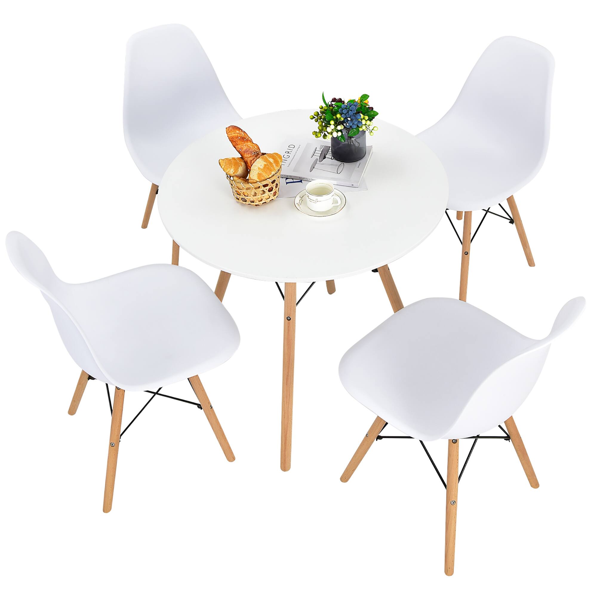 Alt View 18. Costway - Dining Table Set Modern 5 PCS For 4 Round Dining Room Table Set W/Solid Wood Leg - White.