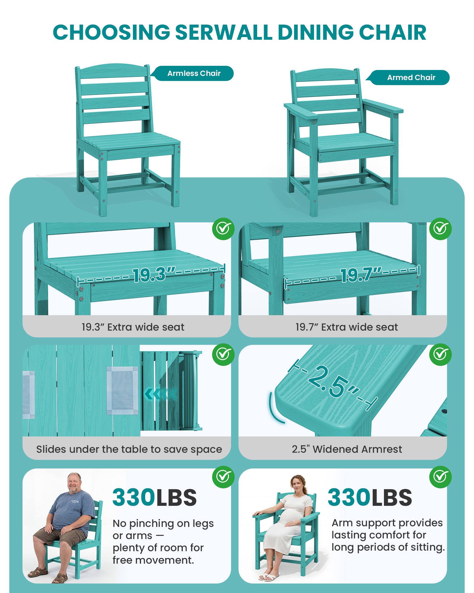 CHOOSING SERWALL DINING CHAIR

Armless Chair
Armed Chair

19.3" Extra wide seat
19.7" Extra wide seat

Slides under the table to save space

2.5" Widened Armrest

330LBS
No pinching on legs or arms – plenty of room for free movement.

330LBS
Arm support provides lasting comfort for long periods of sitting.