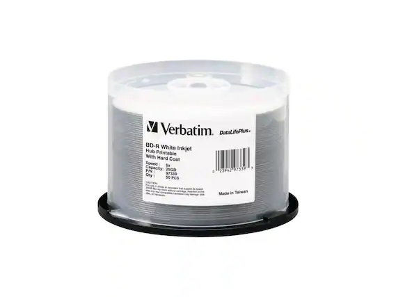 Verbatim
DataLifePlus
BD-R White Inkjet Printable With Hard Coat
Speed: 6x
Capacity: 25GB
P/N: 25942
Qty: 50 PCS
CAUTION: For use in drives or recorders that support 6x speed. Insertion of this disc into non-compatible or older hardware may damage data.
Made in Taiwan