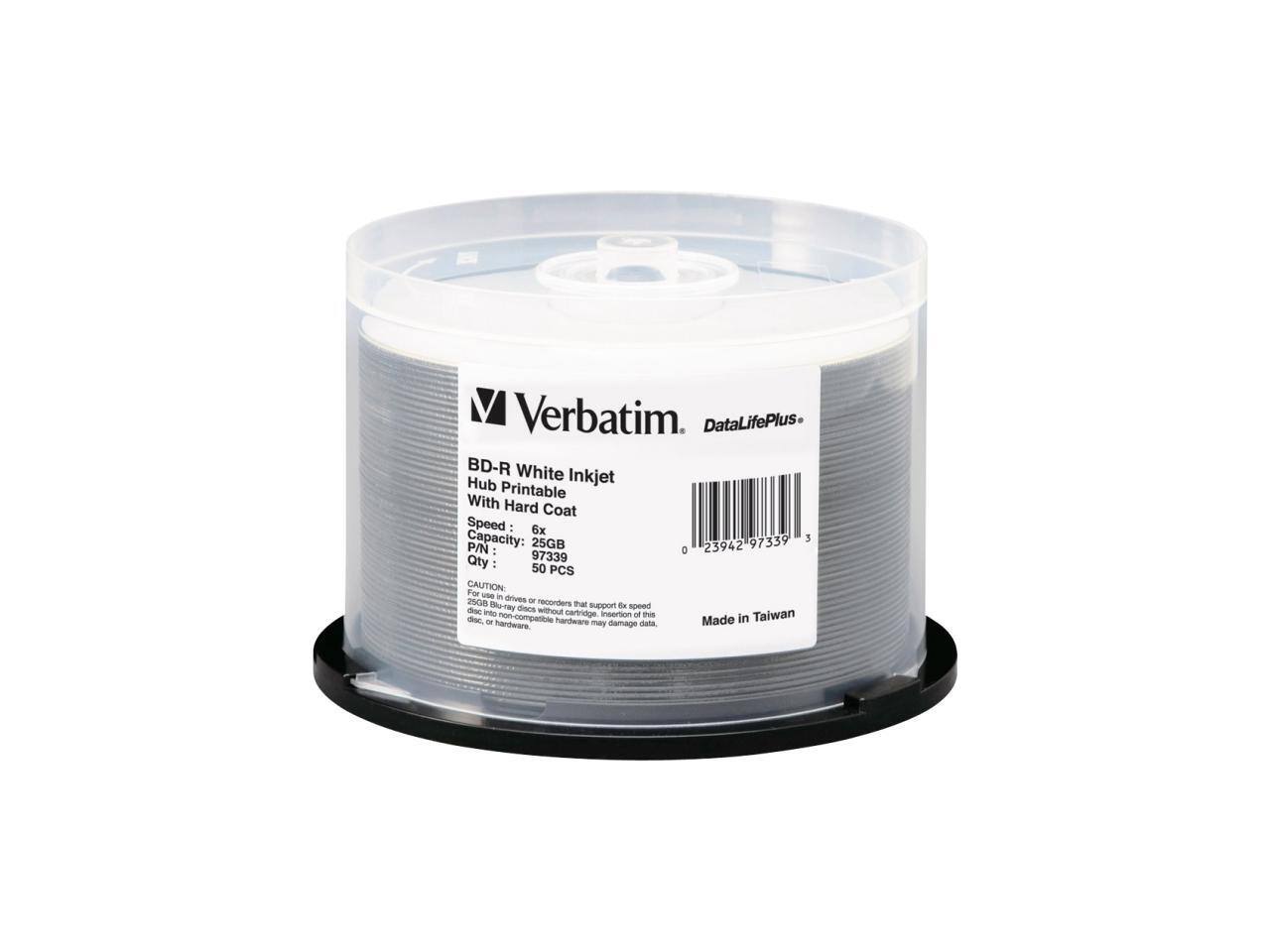 Verbatim  
DataLifePlus  
BD-R White Inkjet Printable With Hard Coat  
Speed: 6x  
Capacity: 25GB  
P/N: 25942  
Qty: 50 PCS  

CAUTION: For use in drives or recorders that support 6x speed. Insertion of this disc into non-compatible or older hardware may damage data.  

Made in Taiwan